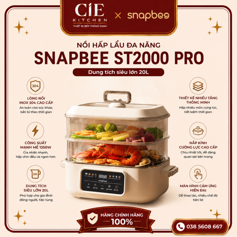 Nồi Hấp Lẩu Đa Năng Snapbee ST2000 Pro Inox 304 Cao Cấp