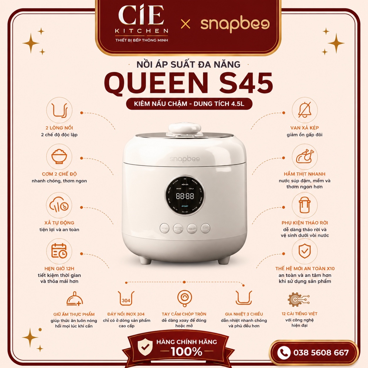 Nồi Áp Suất Đa Năng QUEEN S45 (Kiêm nấu chậm) Nồi Áp Suất Đa Năng QUEEN S45 (Kiêm nấu chậm)